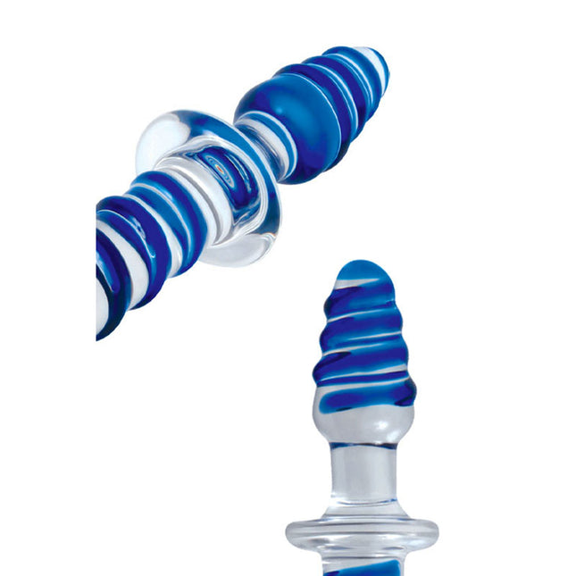 Adam & Eve Twisted Love 9.5" Glass Dildo - Clear/Blue Double Ended Tips