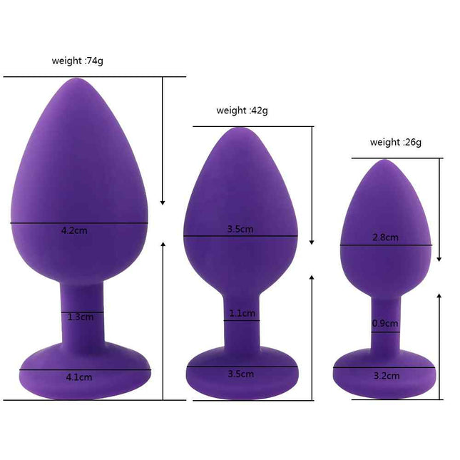 3pcs Purple Silicone Heart Shaped Jewelled Butt Plugs