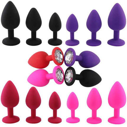 3pcs Silicone Heart Shaped Jewelled Butt Plugs in Black Purple Red Pink