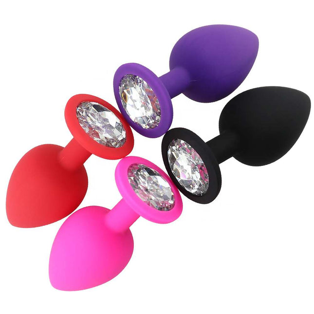 3pcs Silicone Heart Shaped Jewelled Butt Plugs in Red Purple Black Pink