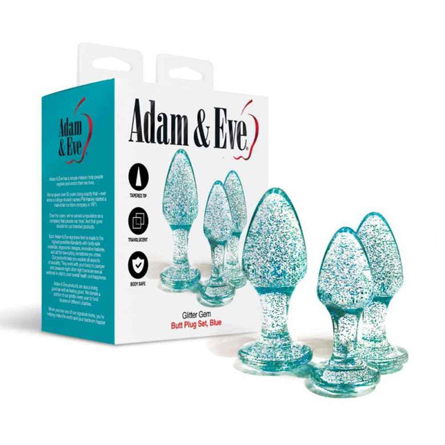 Adam & Eve Blue Glitter Gem 3-Piece Butt Plug Set