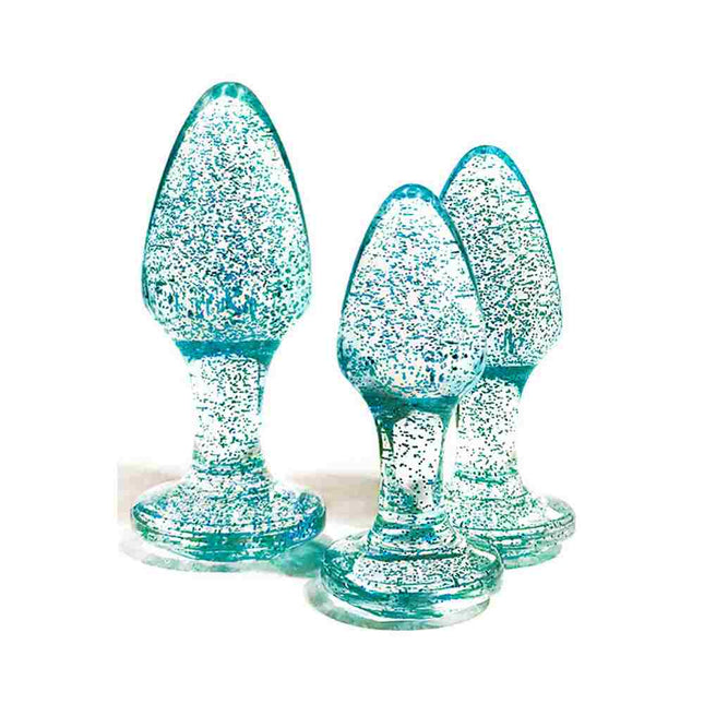 Adam & Eve Blue Glitter Gem 3-Piece Butt Plug Set Close