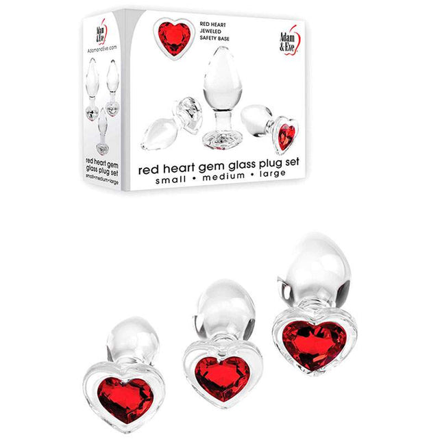 Adam & Eve RED HEART GEM GLASS PLUG SET with Case and Metal Butt Plugs