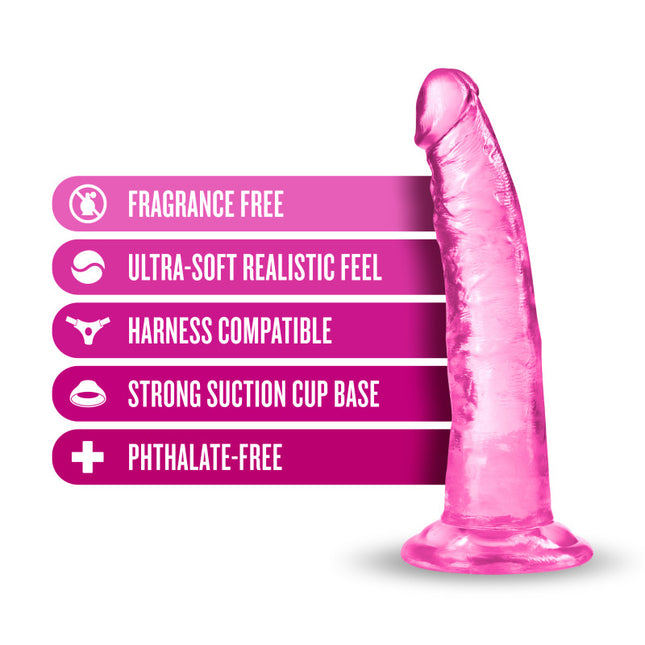 B Yours Plus Lust N Thrust 7.5 Inch Dildo - Pink Product Features Diagram Fragrance Free, Realistic, Suction Cup Base, Phthalate Free