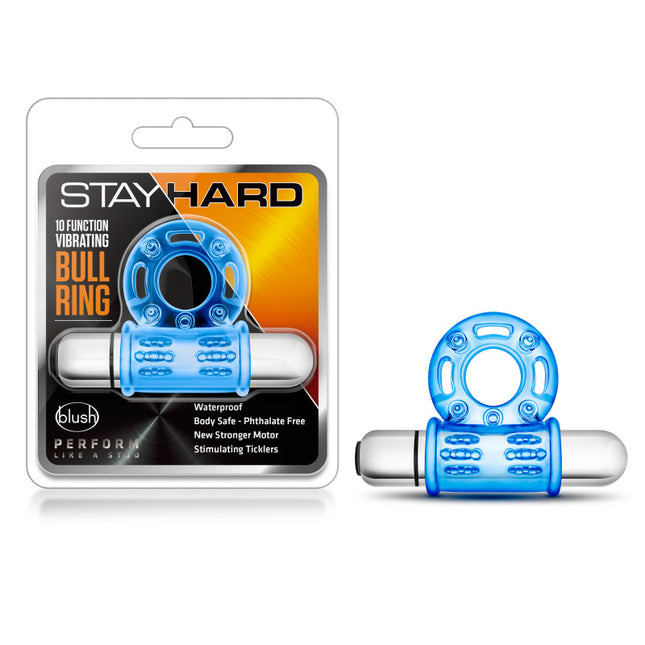 Stay Hard Blue Vibrating Bull Ring Case and Toy Front View