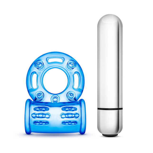 Stay Hard Blue Vibrating Bull Cock Ring with Silver Bullet Vibrator