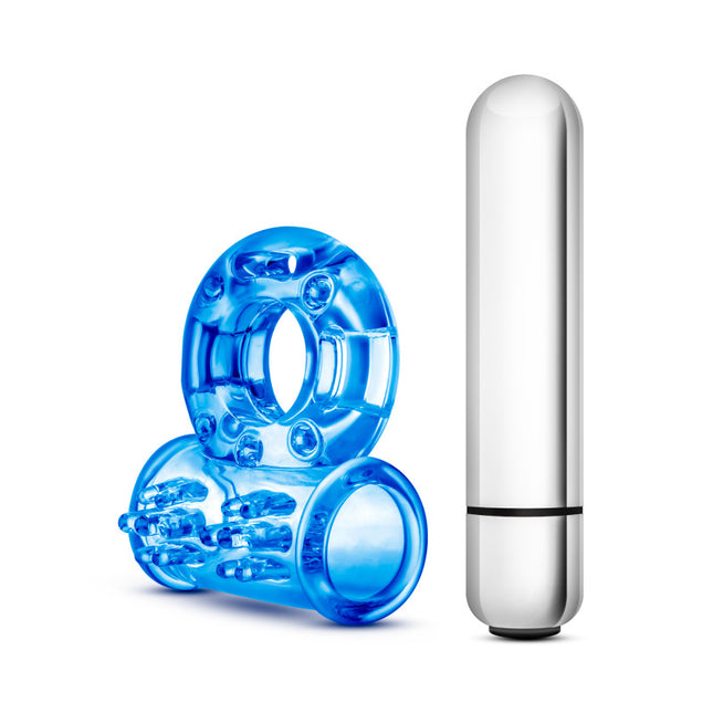 Stay Hard Blue Vibrating Bull Cock Ring with Shaft Front View