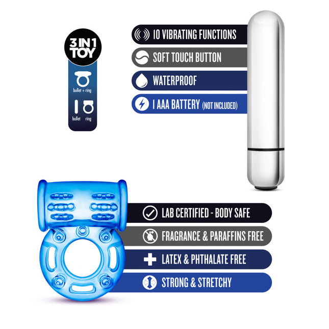 Stay Hard Blue Vibrating Bull Cock Ring Features Diagram 10 Functions and Waterproof AAA Battery not included