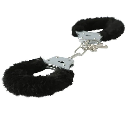 Black Furry Handcuffs with Silver Metal