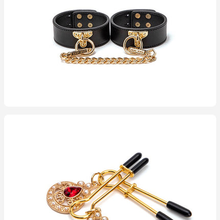 Black Genuine Leather Handcuffs and Nipple Stimulators with Gold Fixings