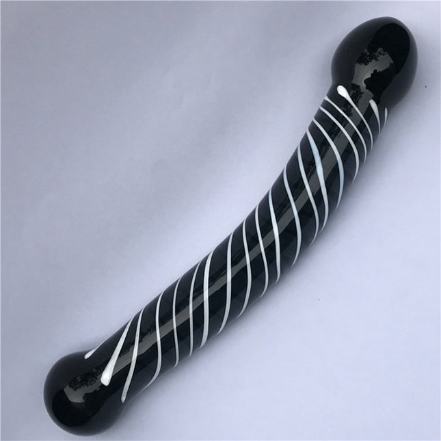 Black Glass Dildo White Swirls 8 Inch Side Angle