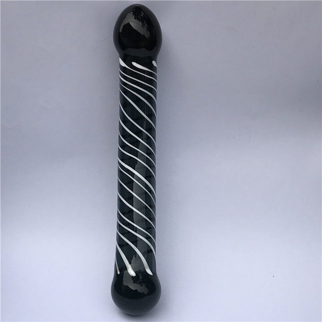 Black Glass Dildo White Swirls 8 Inch Straight Tall