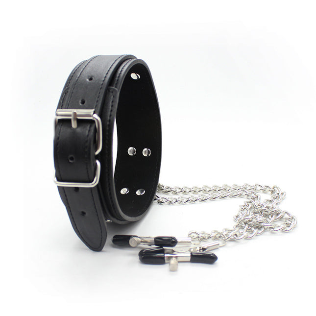 Black Leather Bondage Choker with Nipple Stimulators