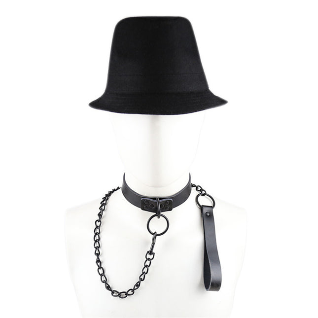 Black Leather Choker Set with Black Chain on a Manikan