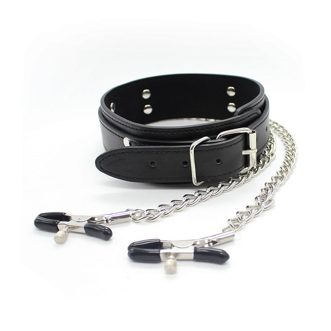 Black Leather Necklace Choker with Nipple Clamps