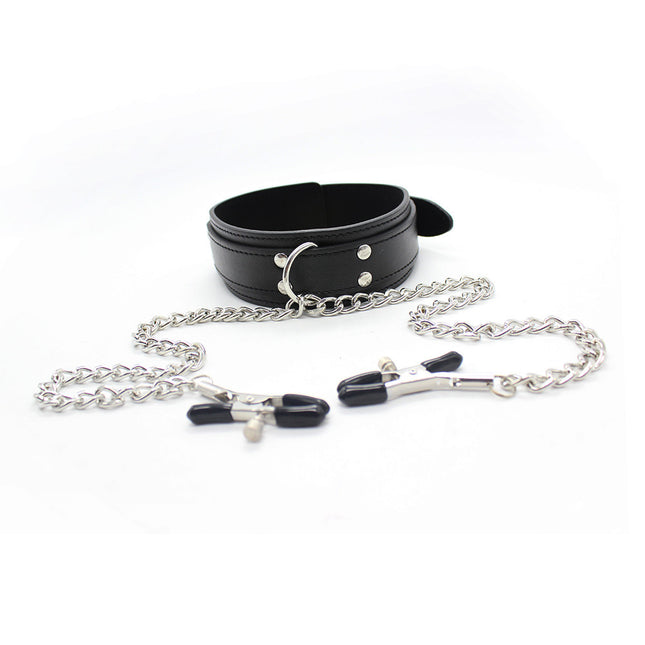 Black Leather Necklace Choker with Silver Chain Nipple Stimulators