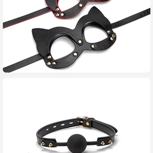 Black Leather Silicone Ball Gag with Gold Look Buckle with Cat Hood Mask