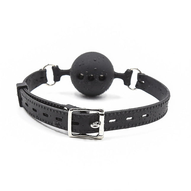 Black Leather Silicone Gag Ball Back View