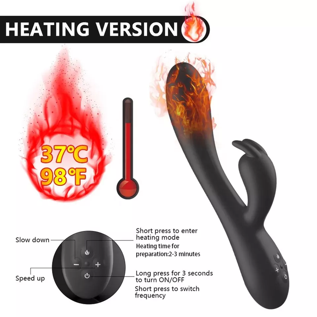 Black Luxury Heating Rabbit Vibrator showing 37 Degree Temperatures Diagram