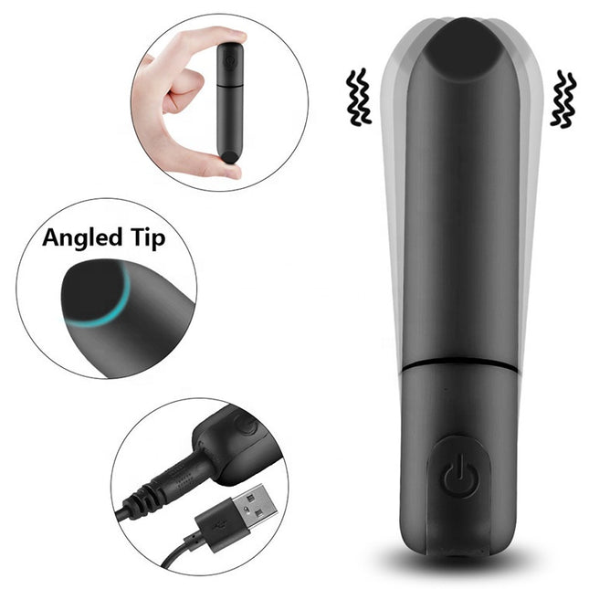 Black Power Bullet Vibrator with Angled Tip Zoomed in View