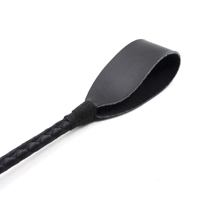 Black Strict 30cm Short Leather Riding Crop Up Close View