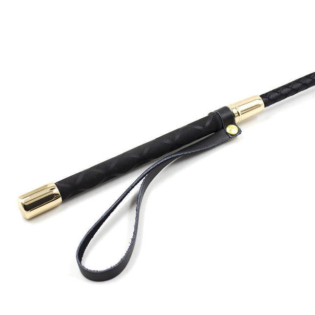 Black Strict 30cm Short Leather Riding Crop with Gold Handle