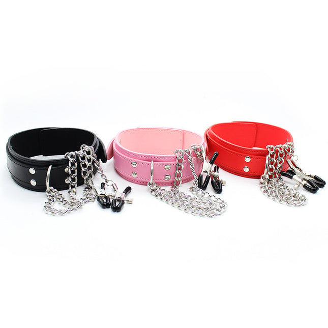 Black, Pink and Red Leather Necklace Choker with Nipple Clamps