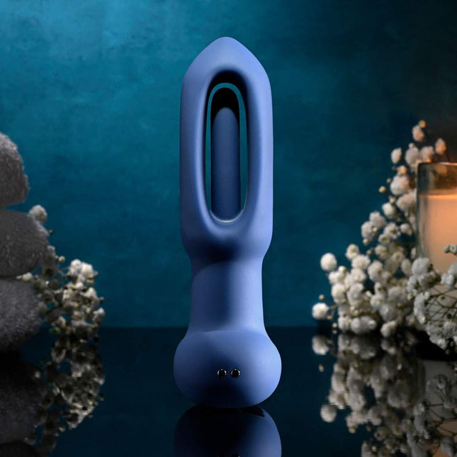 Blue 14 cm USB Rechargeable Vibrating and Flapping Butt Plug Evolved