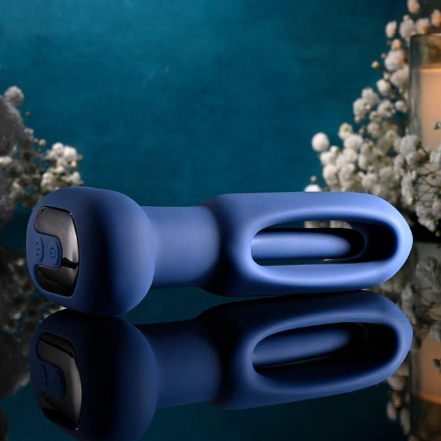 Blue 14 cm USB Rechargeable Vibrating and Flapping Butt Plug Side View