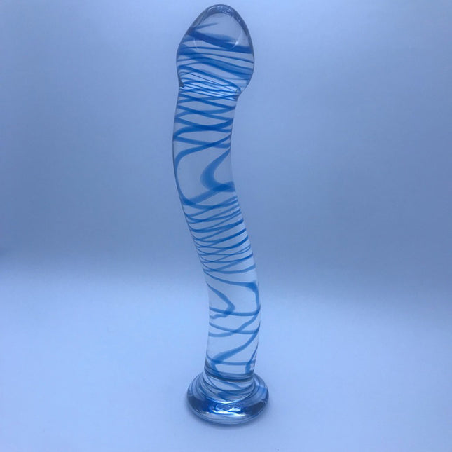 Blue Swirl Curved Glass Dildo 7 Inch Standing Tall