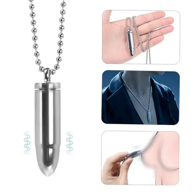 Bullet Pendant Necklace Vibrator holding in hand and around female neck