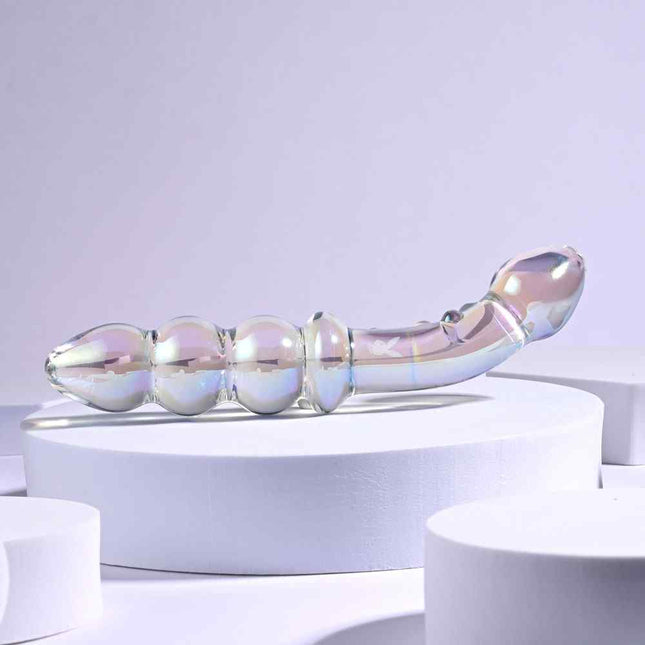 Clear Glass Double Ended Dildo with Anal Beads