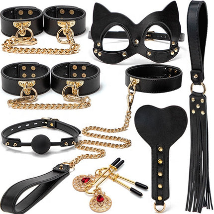 Complete Luxury 9 Piece BDSM Bondage Set with Gold Fixings