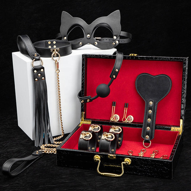 Complete Luxury 9 Piece BDSM Bondage Set with Gold Fixings with Suitcases and White Stand