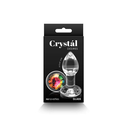 Crystal Desires Clear Small Butt Plug with Rainbow Gem Case Front View