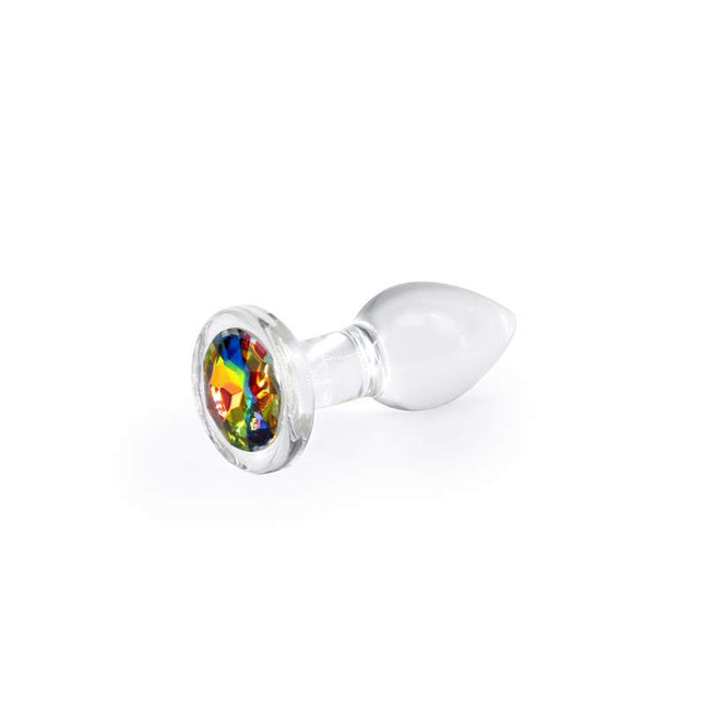 Crystal Desires Clear Small Butt Plug with Rainbow Gem Side View