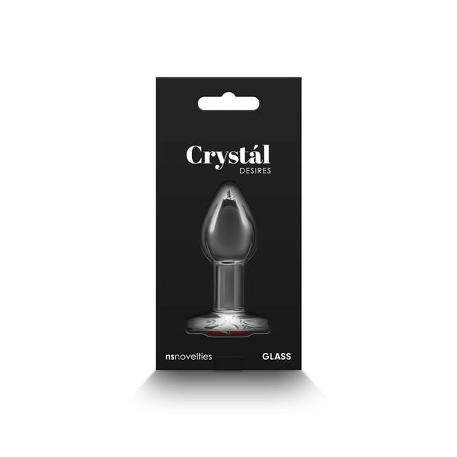 Crystal Desires Clear Medium Butt Plug with Red Heart Gem Case Rear View