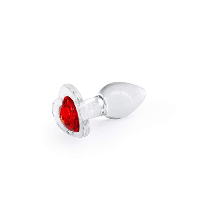 Crystal Desires Clear Small Butt Plug with Red Heart Gem Side View