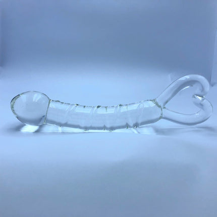 Crystal Heart Ribbed Glass Dildo 8 Inch Laying Flat