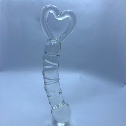 Crystal Heart Ribbed Glass Dildo 8 Inch Upside Down