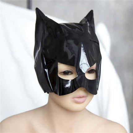 Female wearing a Black Bondage Cat Hood