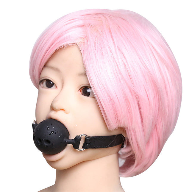 Female with Leather Silicone Gag Ball Sex Toy in mouth