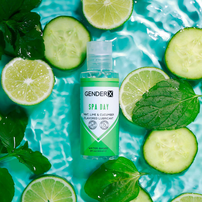 Gender X SPA DAY Flavoured Lube - 60 ml bottle Mint, Lime & Cucumber Flavoured Water Based Lubricant with Limes Background