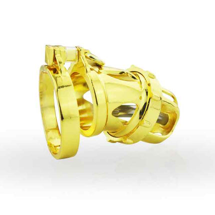 Golden Plated Chastity Cage Side View Padlock and Key