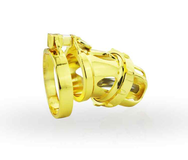 Golden Plated Chastity Cage Side View Padlock and Key