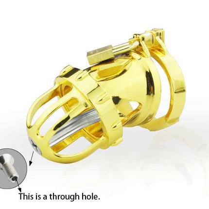 Golden Plated Chastity Cage with through hole