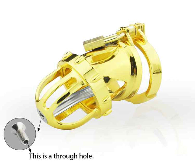 Golden Plated Chastity Cage with through hole