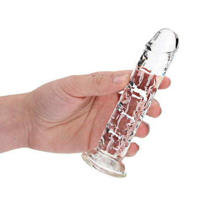 Hand Holding Clear REALROCK 6 Inch Suction Cup Dildo