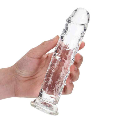 Hand Holding Clear REALROCK 8 Inch Suction Cup Dildo