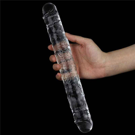 Hand Holding Large Flawless Clear 12 Inch Double Dildo